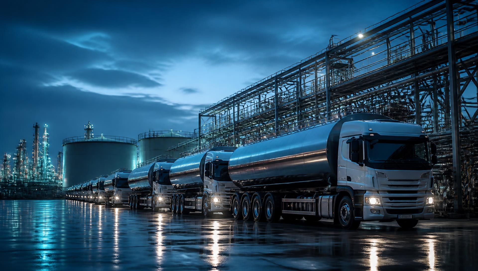 Fuel transport trucks loading at a wholesale terminal at dusk